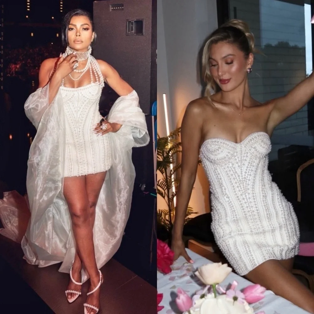 🆕 RETROFETE Deema Pearl Embellished Strapless Crepe Mini Dress Ivory Sz S - Picture 2 of 12